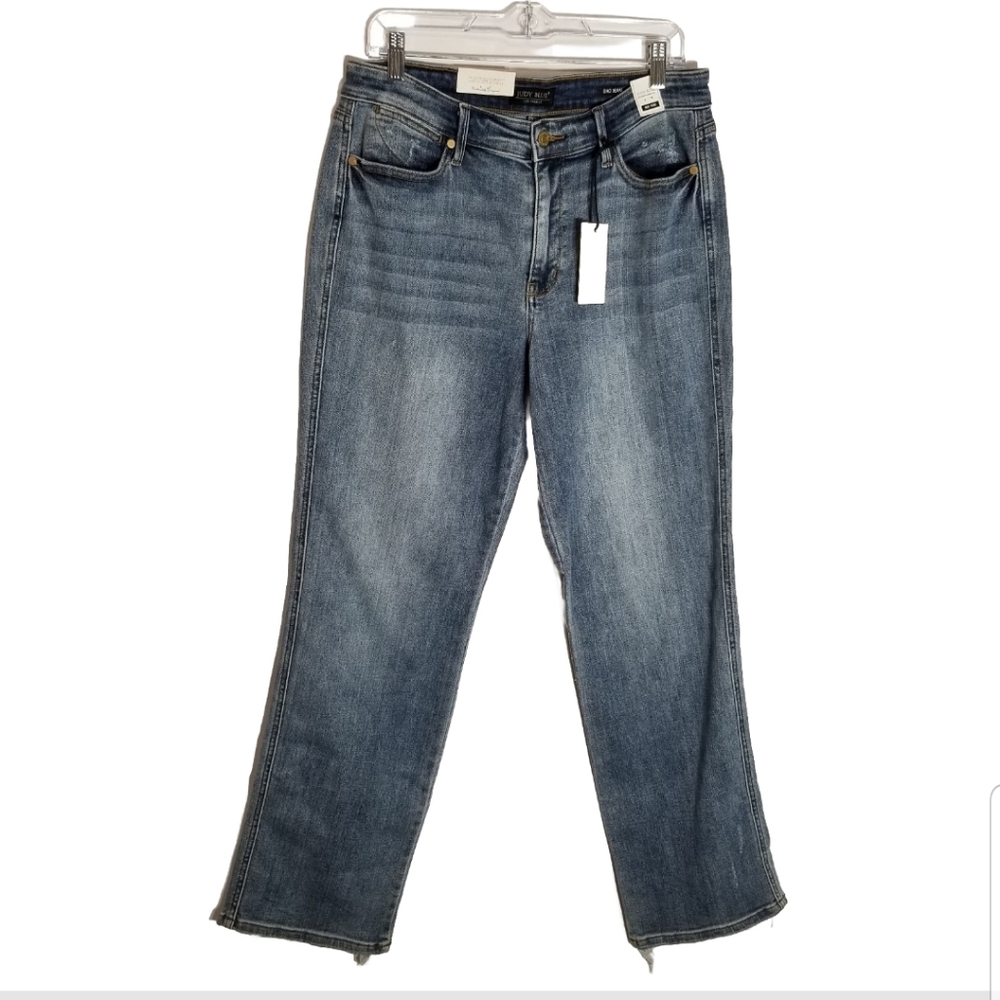 Judy Blue Jeans Women's 13/31 No Joke Dad Curvy Straight Blue Stretch Raw Hem
